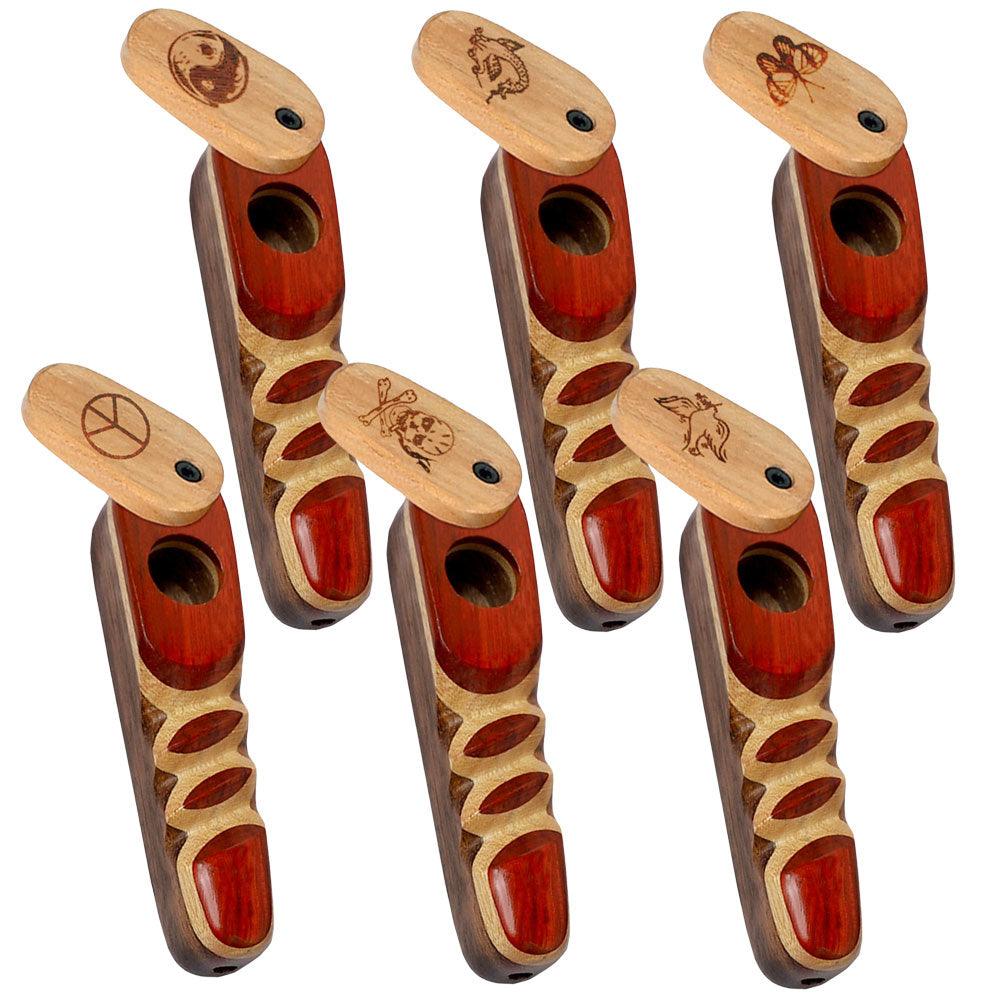 Wood Spoon Pipe w/ Engraved Swivel Lid - 3.75" / Styles Vary