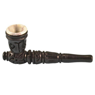 Carved Wood Hand Pipe w/ Stone Bowl