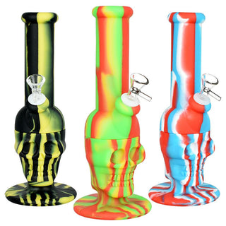 Sinfully Smiling Skull Silicone Water Pipe - 11" / 14mm F / Colors Vary